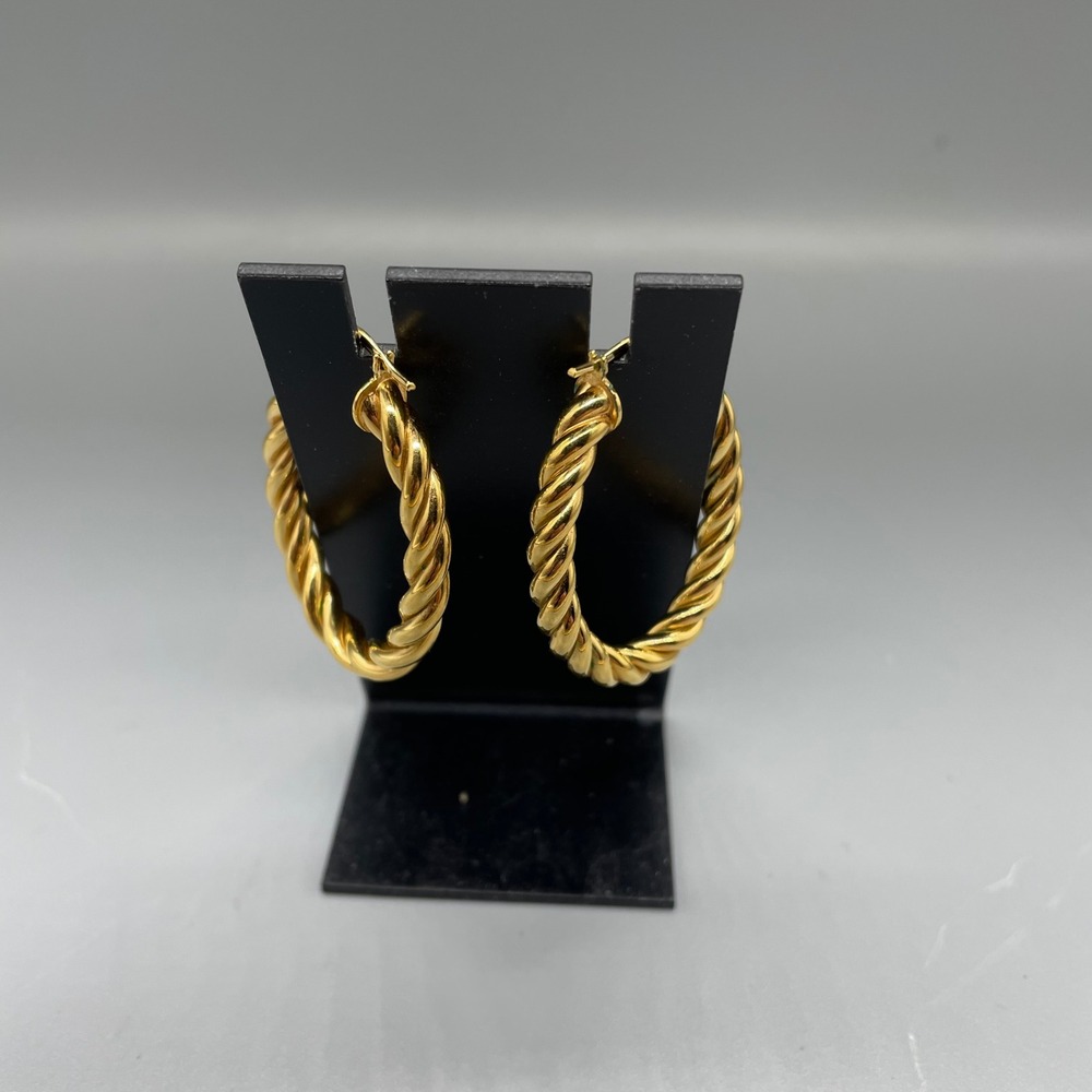 Italian Gold Tone Twisted Rope Oval Hoop Earrings Latch Back Made in Italy
